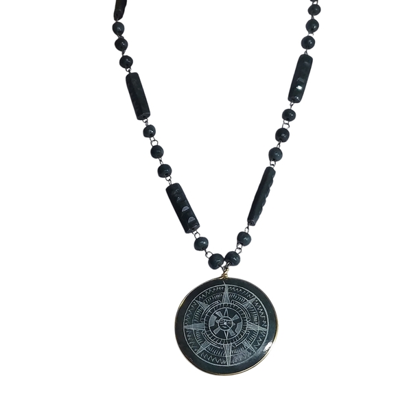 Mayan Sundial Green Dyed Alabaster Medallion Sculpted bars and round beads - Picture 3 of 15